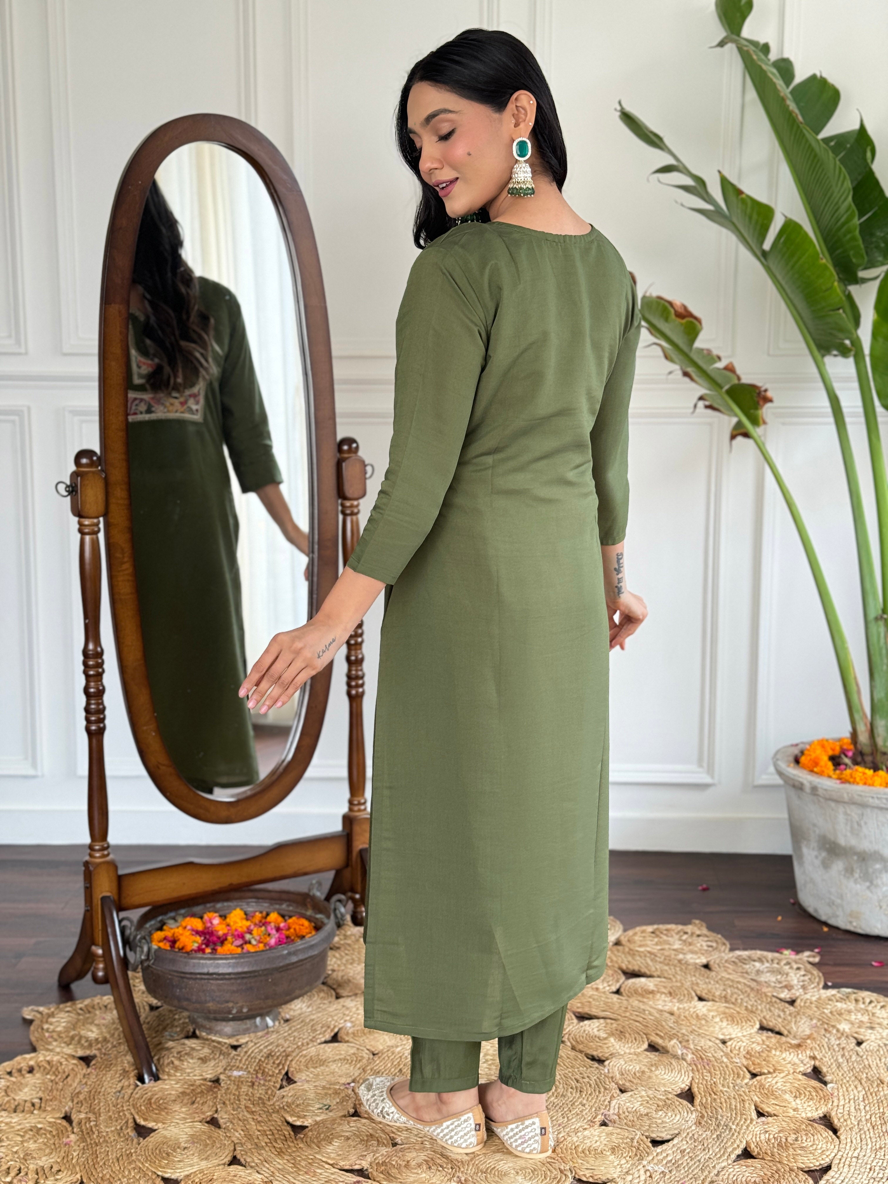 Teeya Creation Green Colour Viscose Chanderi Embroidery Work Fully Stitched Kurti Set - Distacart