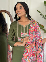 Thumbnail for Teeya Creation Green Colour Viscose Chanderi Embroidery Work Fully Stitched Kurti Set - Distacart