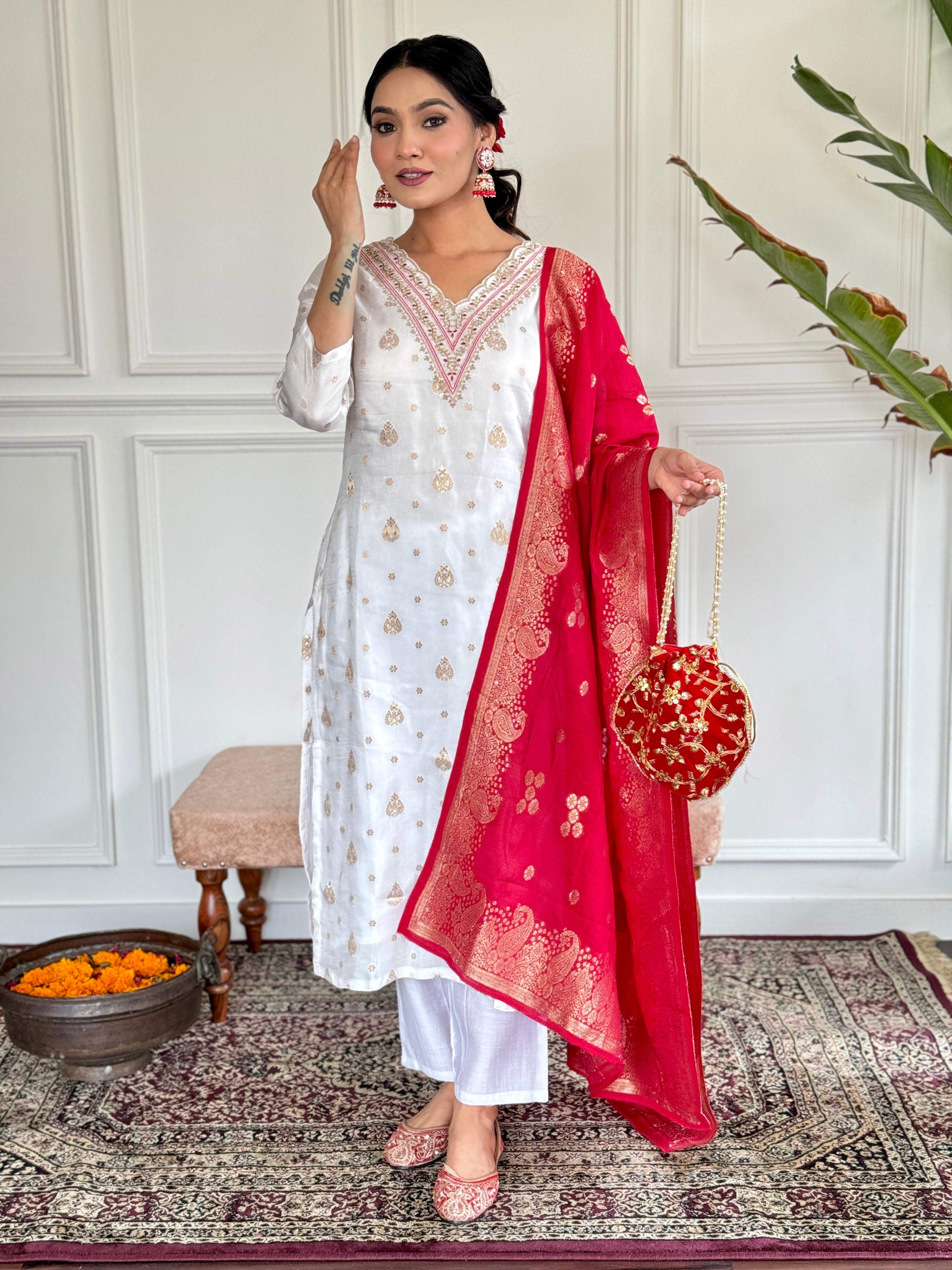 Teeya Creation White Colour Jacquard Embroidery Work Fully Stitched Kurti Set - Distacart