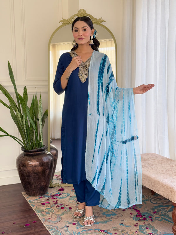 Teeya Creation Blue Colour Viscose Slub Embroidery Work Fully Stitched Kurti Set - Distacart