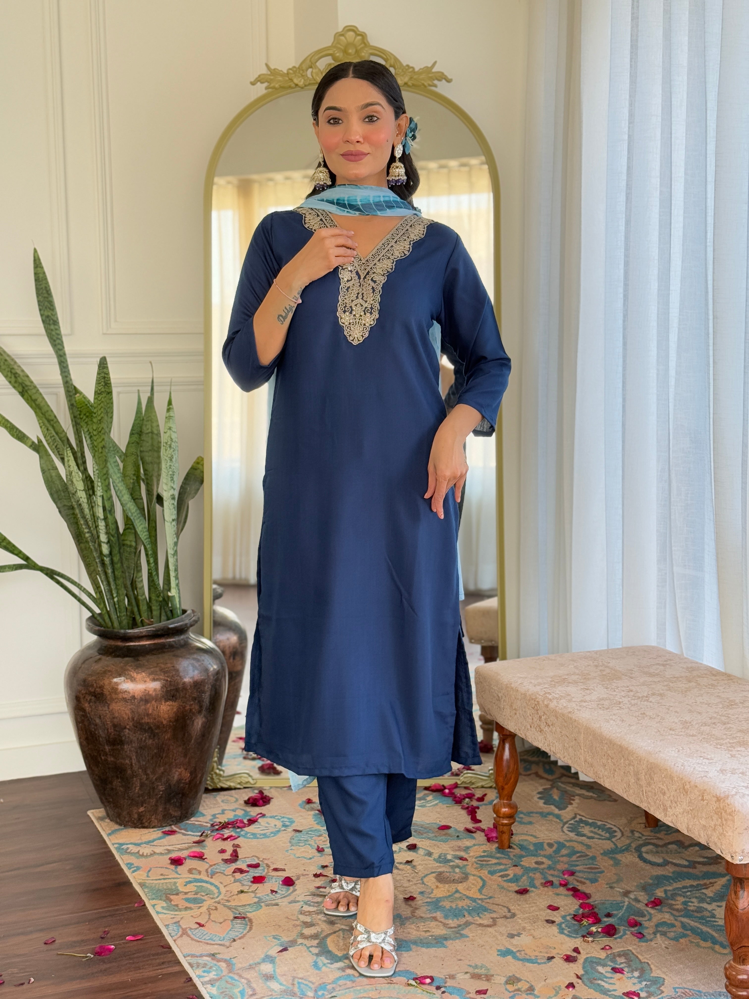 Teeya Creation Blue Colour Viscose Slub Embroidery Work Fully Stitched Kurti Set - Distacart