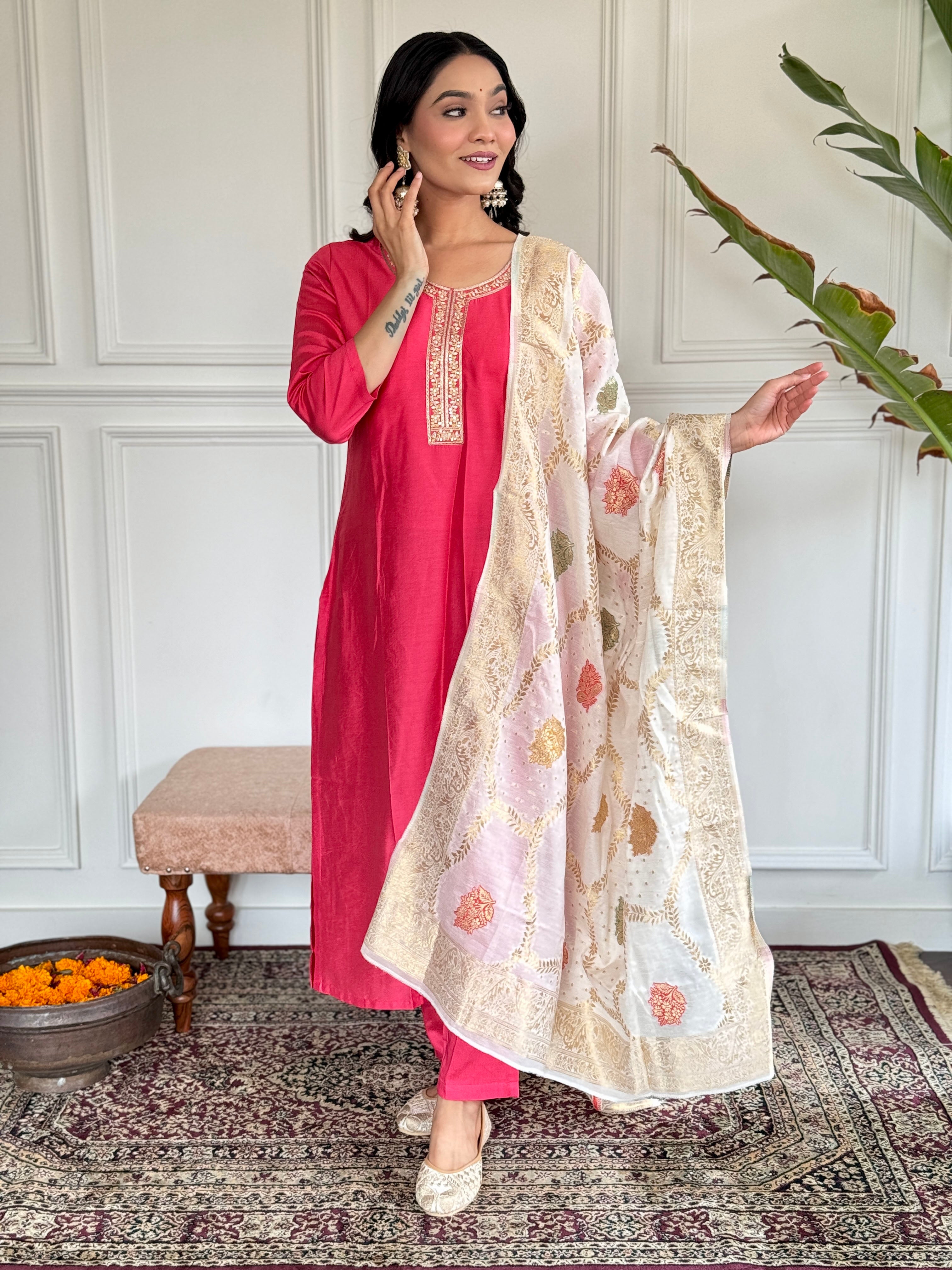 Teeya Creation Pink Colour Viscose Chanderi Embroidery Work Fully Stitched Kurti Set - Distacart