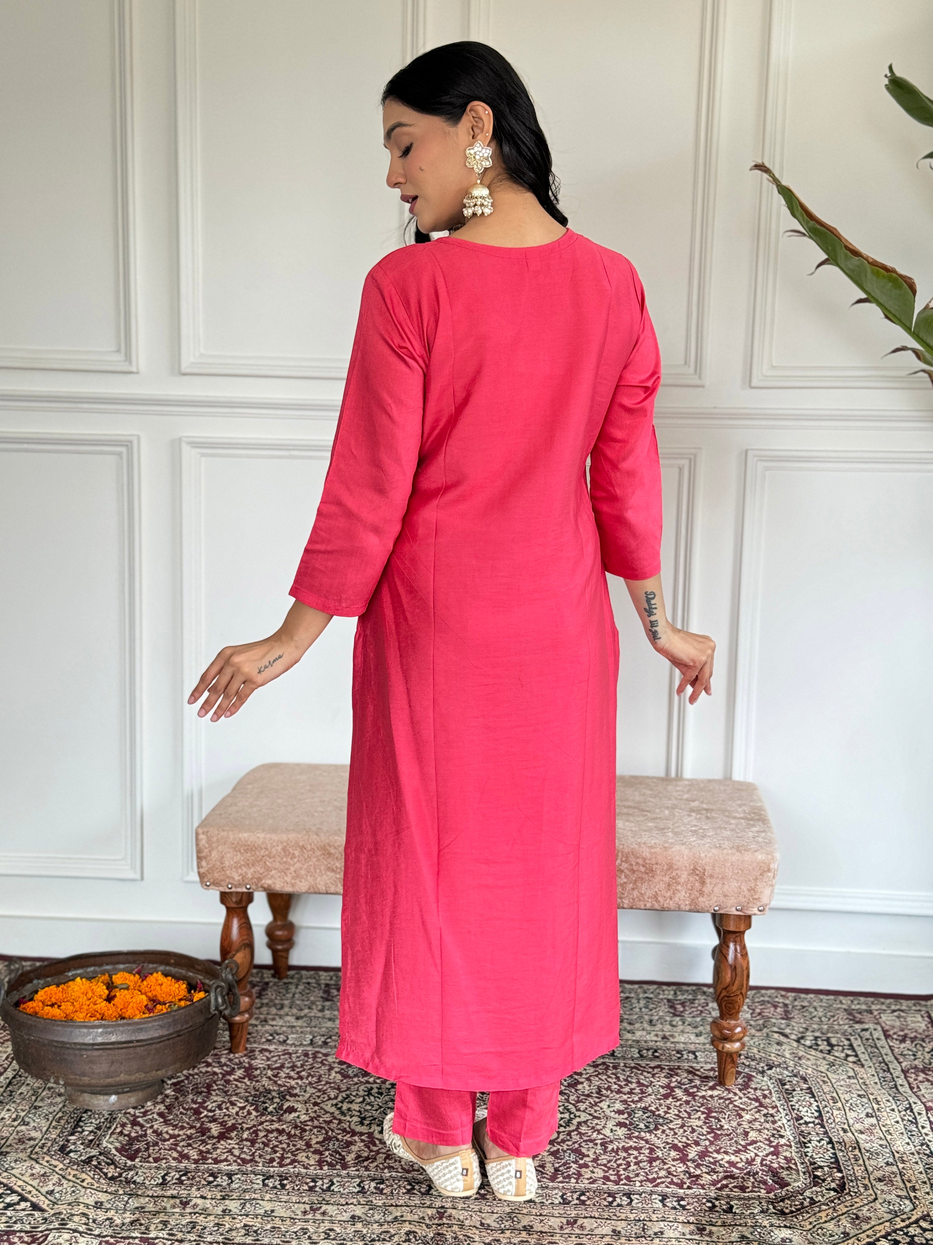 Teeya Creation Pink Colour Viscose Chanderi Embroidery Work Fully Stitched Kurti Set - Distacart