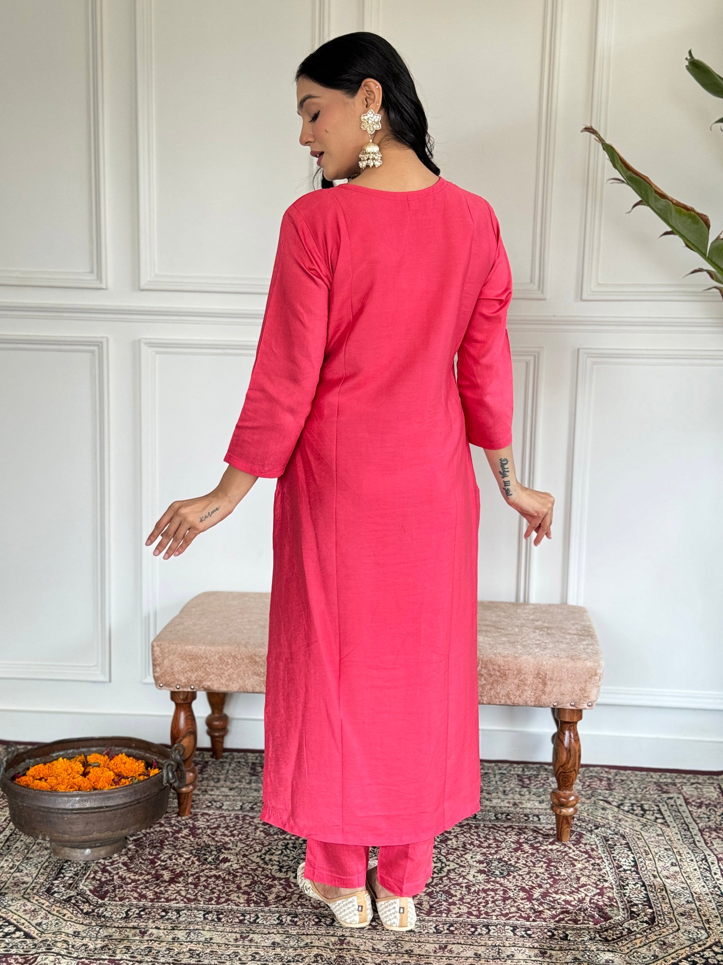 Teeya Creation Pink Colour Viscose Chanderi Embroidery Work Fully Stitched Kurti Set - Distacart