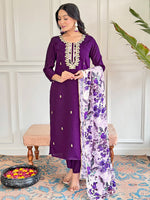 Thumbnail for Teeya Creation Purple Colour Viscose Chanderi Embroidery Work Fully Stitched Kurti Set - Distacart