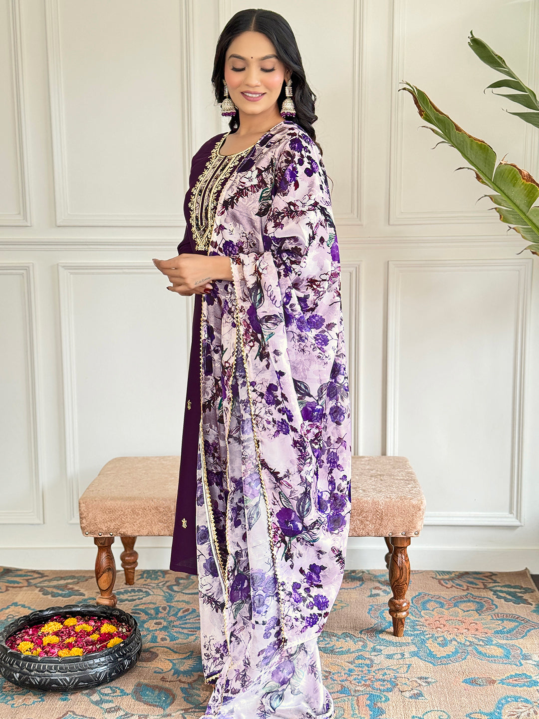 Teeya Creation Purple Colour Viscose Chanderi Embroidery Work Fully Stitched Kurti Set - Distacart