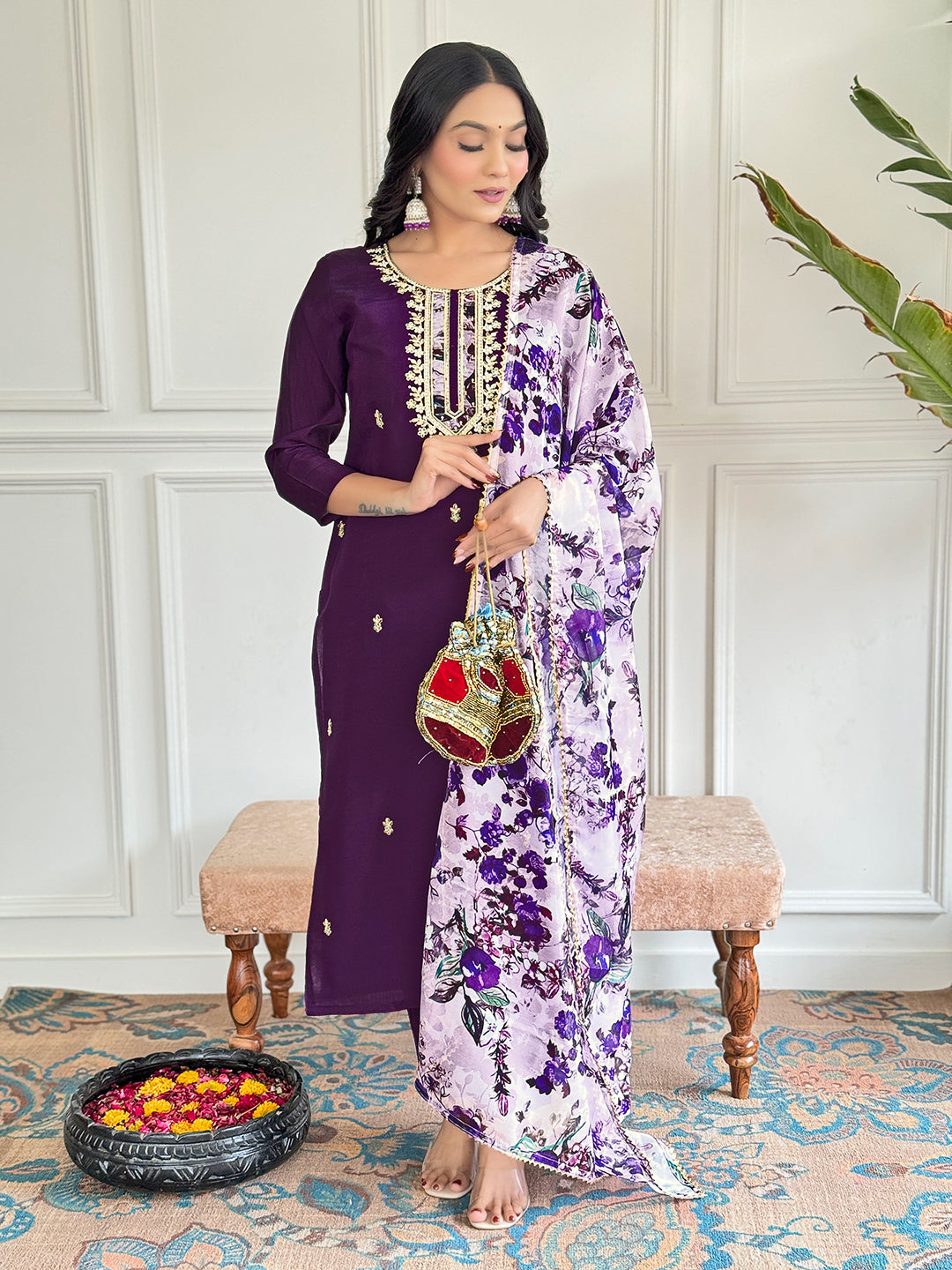 Teeya Creation Purple Colour Viscose Chanderi Embroidery Work Fully Stitched Kurti Set - Distacart