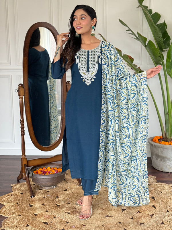 Teeya Creation Blue Colour Viscose Slub Embroidery Work Fully Stitched Kurti Set - Distacart