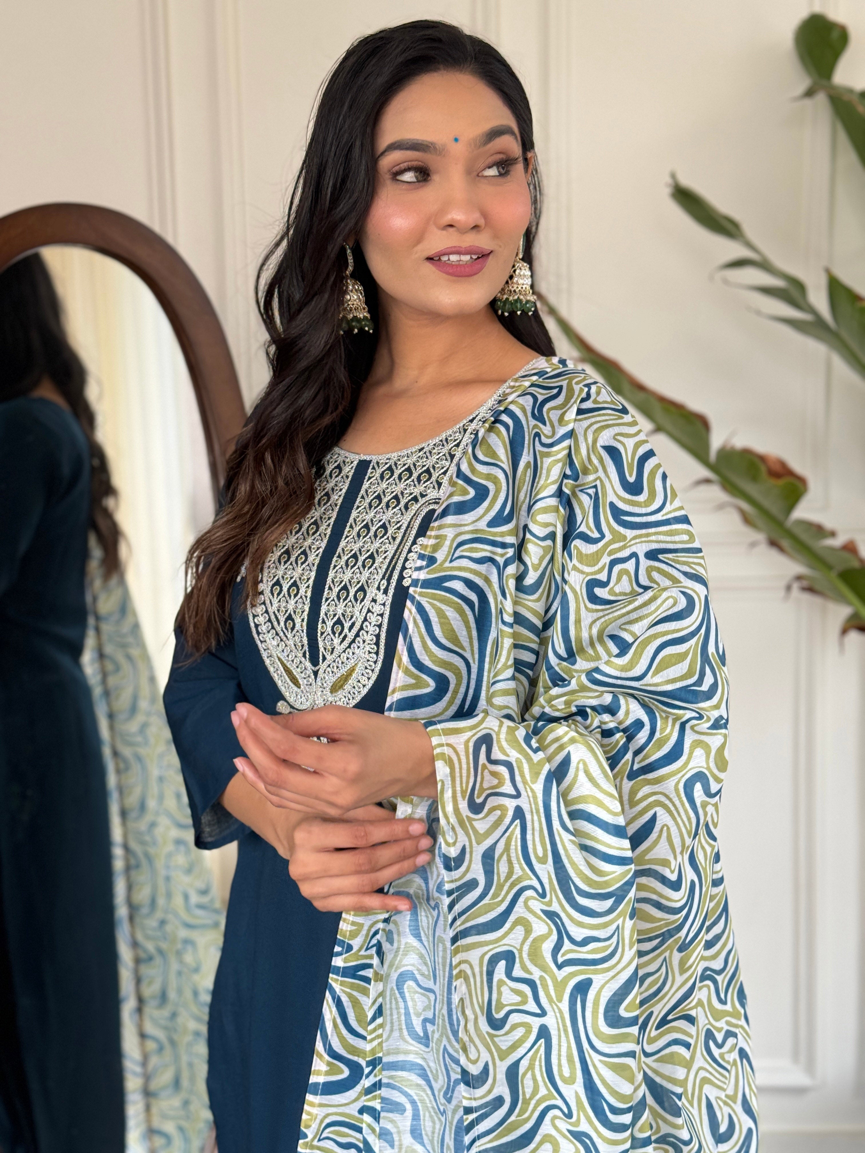 Teeya Creation Blue Colour Viscose Slub Embroidery Work Fully Stitched Kurti Set - Distacart