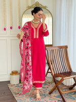 Thumbnail for Teeya Creation Rani Colour Viscose Slub Embroidery Work Fully Stitched Kurti Set - Distacart