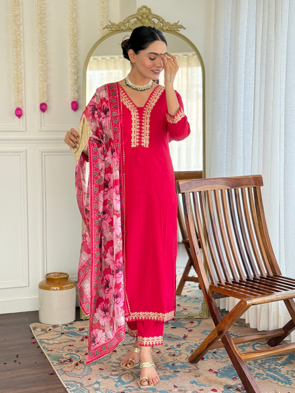 Teeya Creation Rani Colour Viscose Slub Embroidery Work Fully Stitched Kurti Set - Distacart