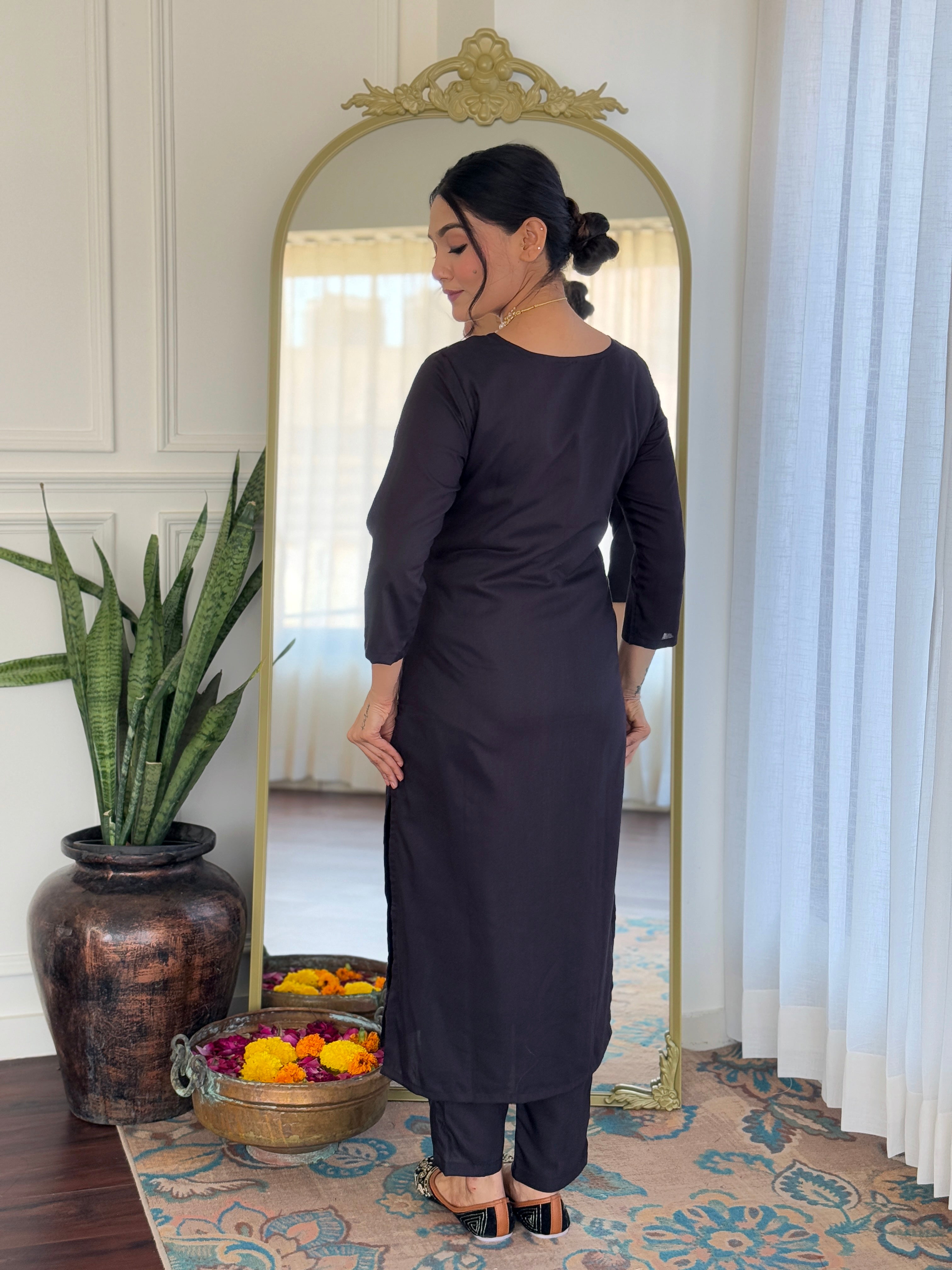 Teeya Creation Black Colour Viscose Slub Embroidery Work Fully Stitched Kurti Set - Distacart