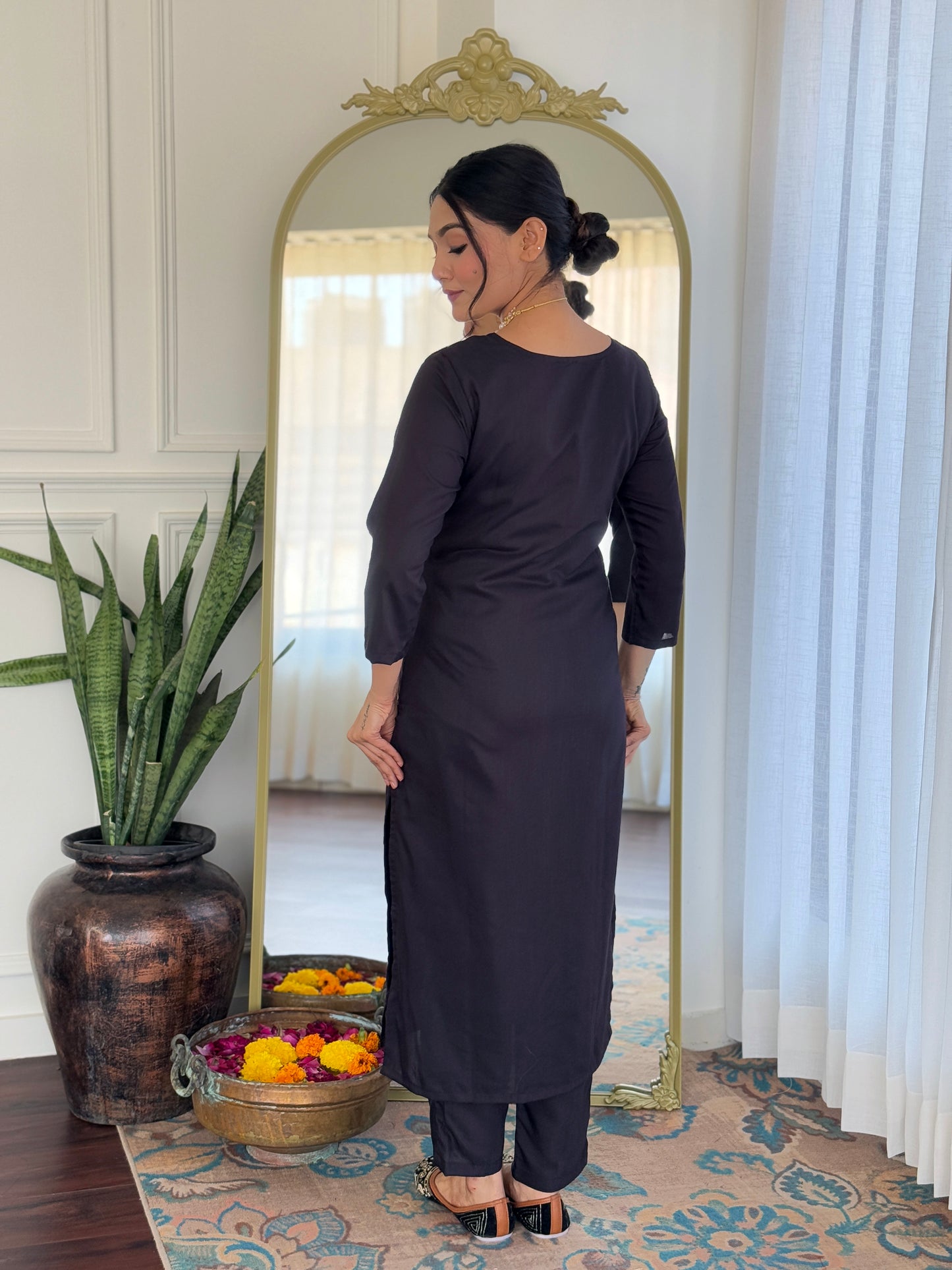 Teeya Creation Black Colour Viscose Slub Embroidery Work Fully Stitched Kurti Set - Distacart