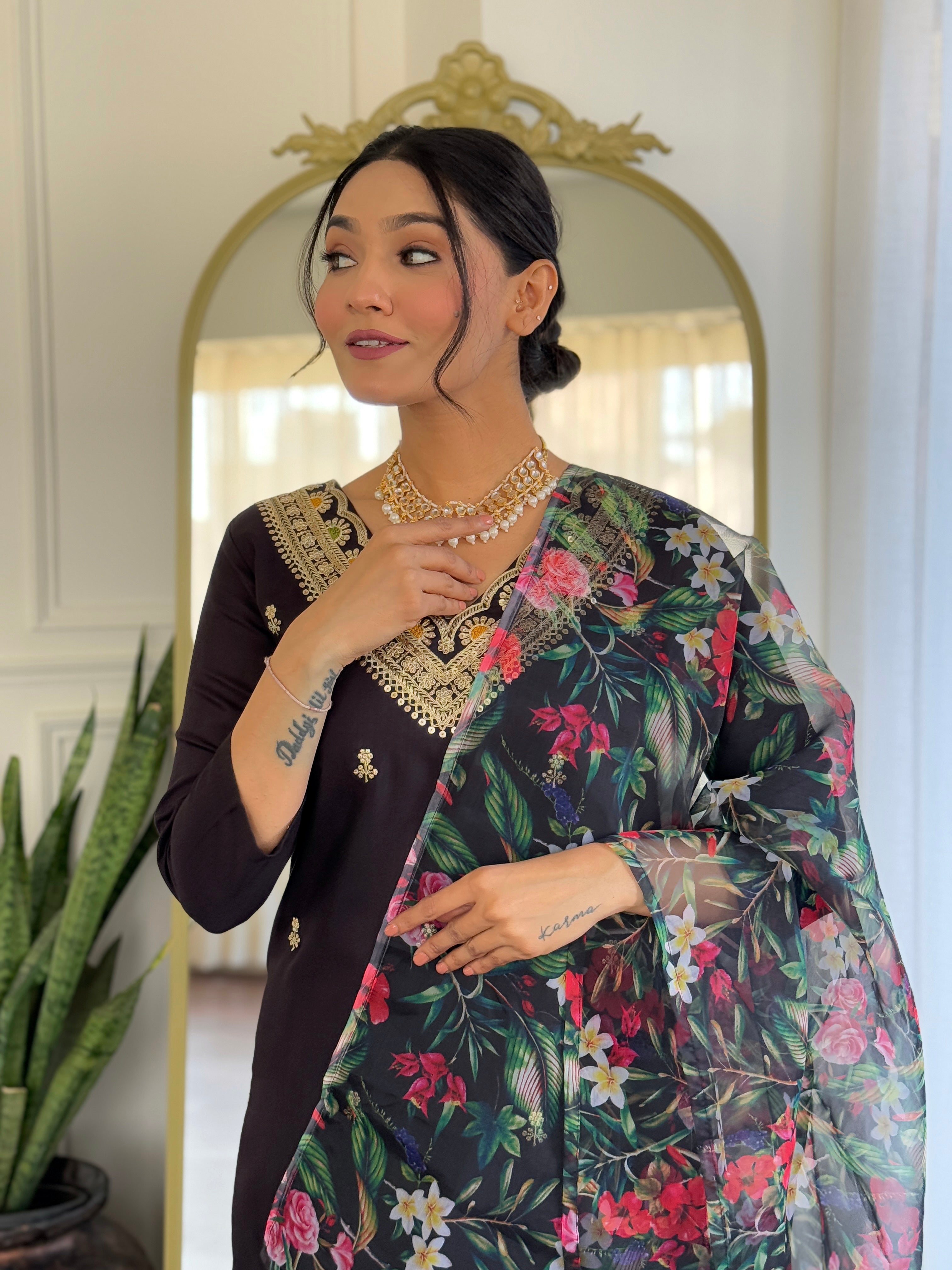 Teeya Creation Black Colour Viscose Slub Embroidery Work Fully Stitched Kurti Set - Distacart