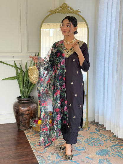Teeya Creation Black Colour Viscose Slub Embroidery Work Fully Stitched Kurti Set - Distacart