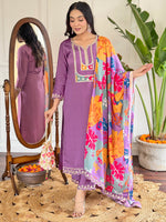 Thumbnail for Teeya Creation Light Purple Colour Viscose Slub Embroidery Work Fully Stitched Kurti Set - Distacart