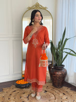 Thumbnail for Teeya Creation Orange Color Viscose Rayon Embroidery Work Fully Stitched Kurti Set - Distacart