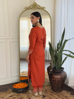 Thumbnail for Teeya Creation Orange Color Viscose Rayon Embroidery Work Fully Stitched Kurti Set - Distacart