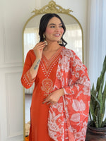 Thumbnail for Teeya Creation Orange Color Viscose Rayon Embroidery Work Fully Stitched Kurti Set - Distacart