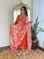 Thumbnail for Teeya Creation Orange Color Viscose Rayon Embroidery Work Fully Stitched Kurti Set - Distacart