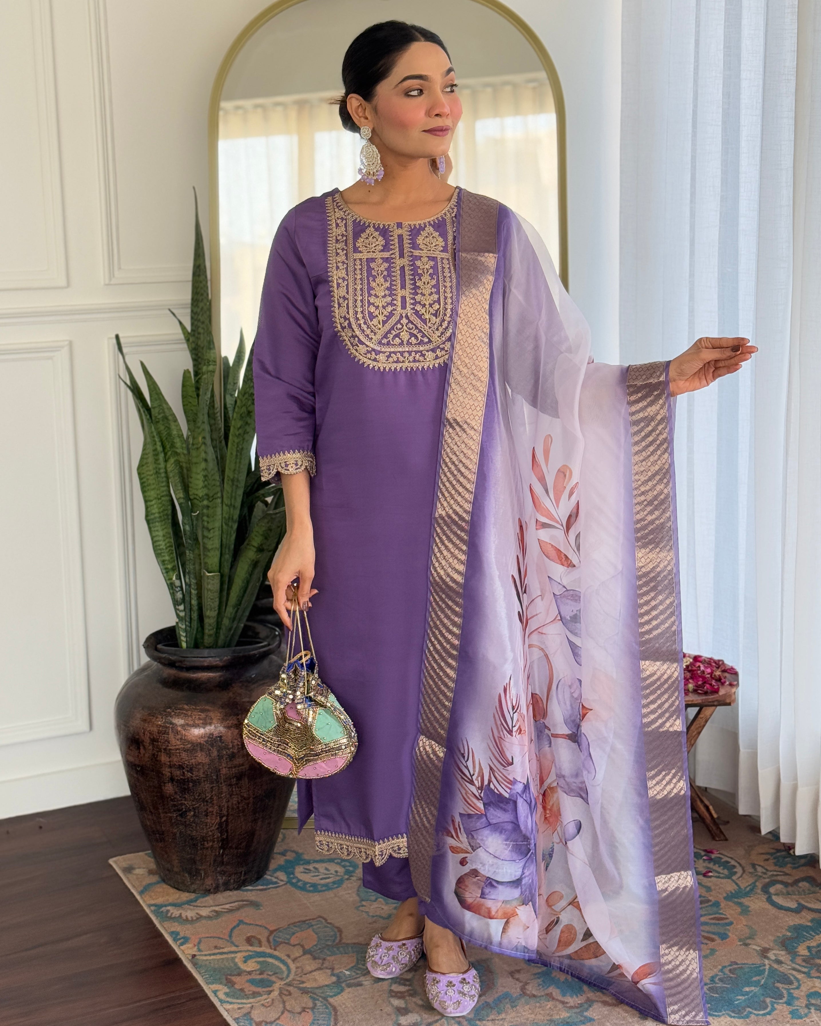 Teeya Creation Lavender Color Viscose Rayon Embroidery Work Fully Stitched Kurti Set - Distacart