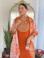 Thumbnail for Teeya Creation Orange Color Viscose Rayon Embroidery Work Fully Stitched Kurti Set - Distacart