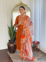 Thumbnail for Teeya Creation Orange Color Viscose Rayon Embroidery Work Fully Stitched Kurti Set - Distacart