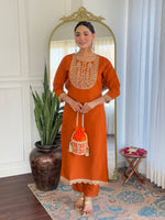 Thumbnail for Teeya Creation Orange Color Viscose Rayon Embroidery Work Fully Stitched Kurti Set - Distacart