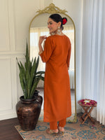 Thumbnail for Teeya Creation Orange Color Viscose Rayon Embroidery Work Fully Stitched Kurti Set - Distacart
