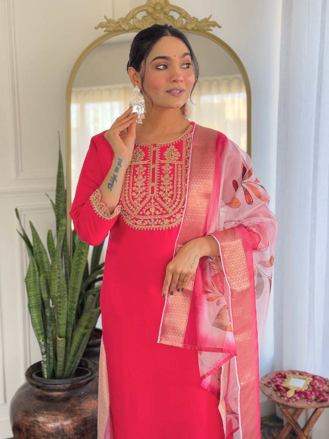 Teeya Creation Rani Color Viscose Rayon Embroidery Work Fully Stitched Kurti Set - Distacart