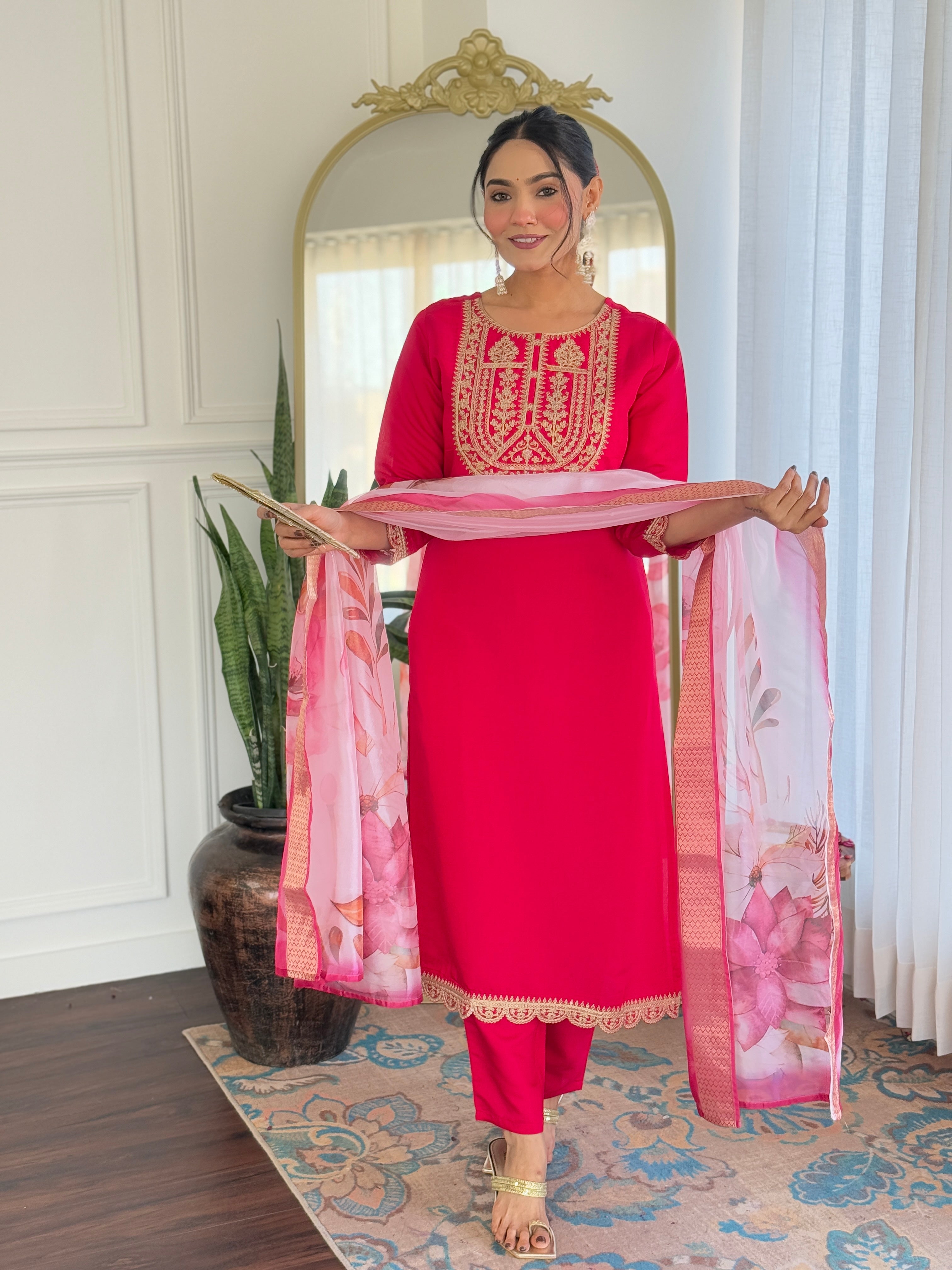 Teeya Creation Rani Color Viscose Rayon Embroidery Work Fully Stitched Kurti Set - Distacart