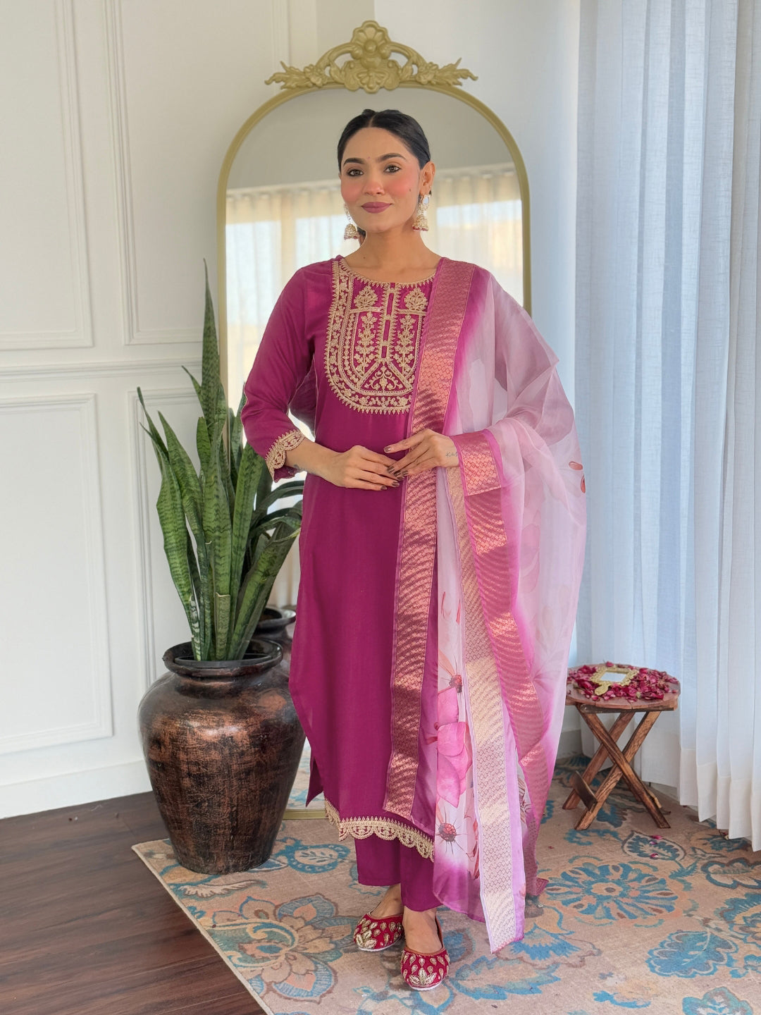 Teeya Creation Wine Color Viscose Rayon Embroidery Work Fully Stitched Kurti Set - Distacart