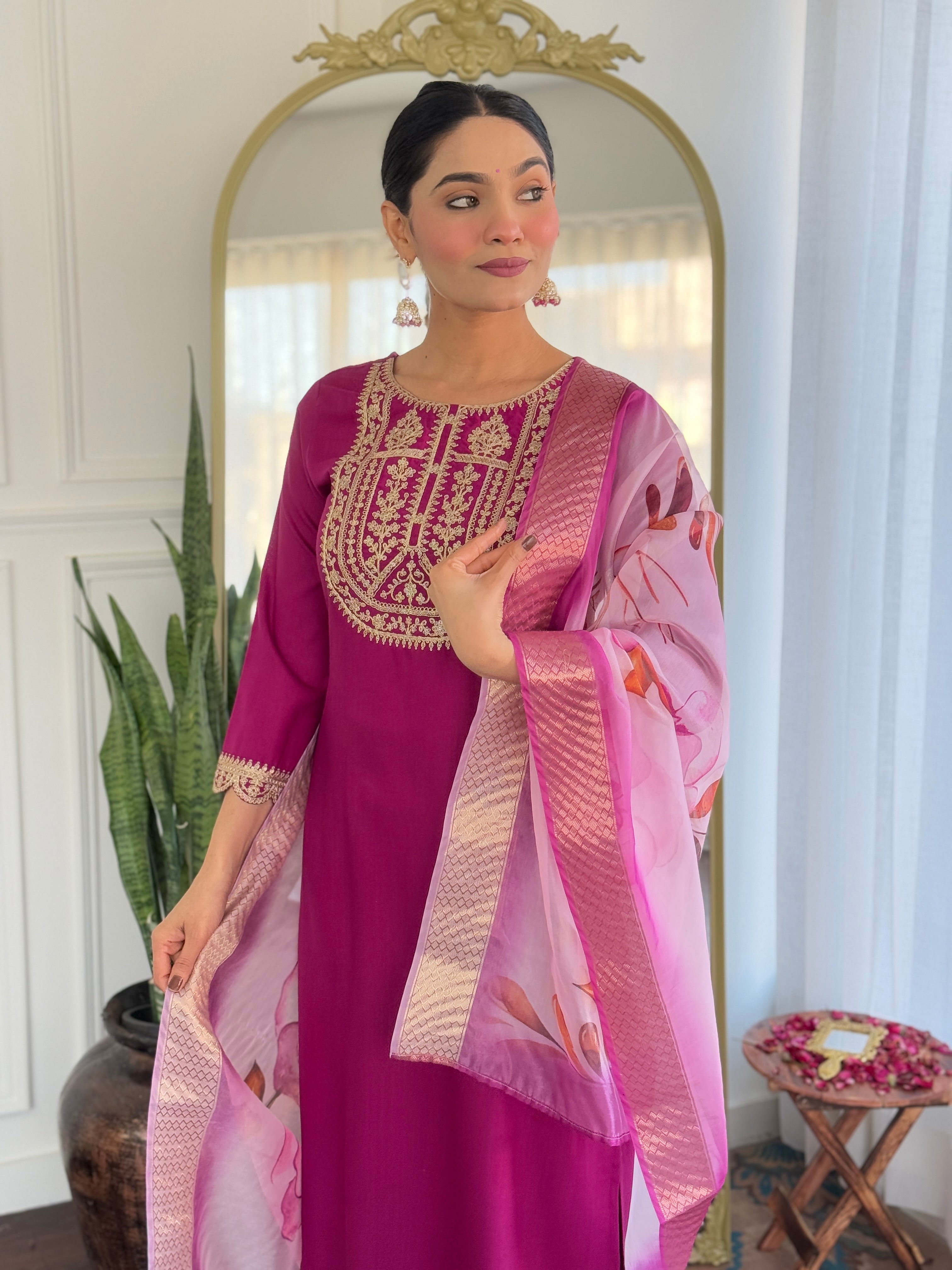 Teeya Creation Wine Color Viscose Rayon Embroidery Work Fully Stitched Kurti Set - Distacart