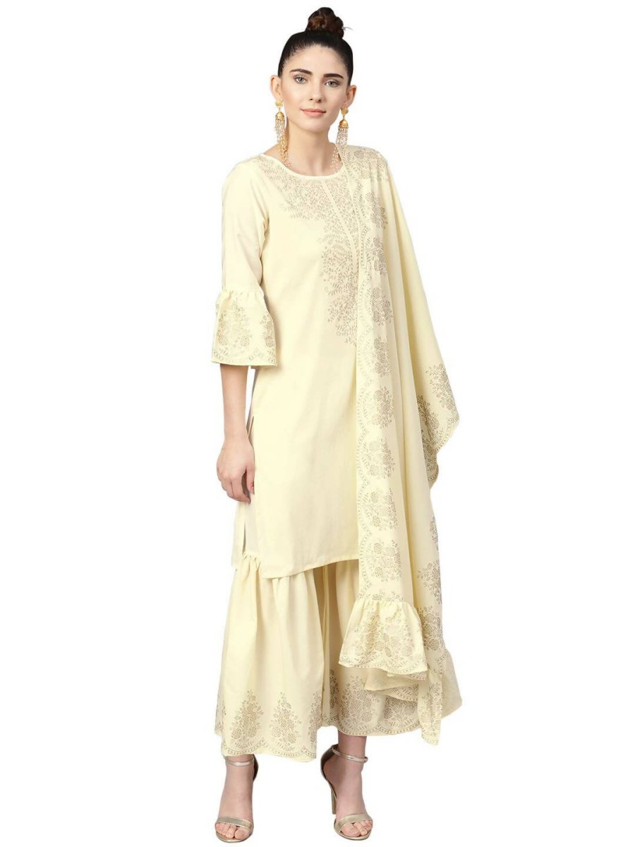 Ahalyaa Cream Crepe Glitter Print Kurta Sharara Set With Dupatta - Distacart