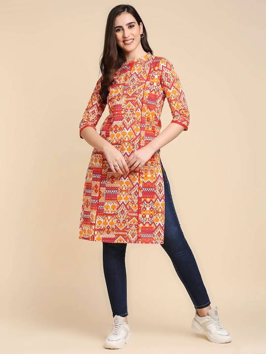 Anubhutee Orange & Pink Printed Straight Kurta - Distacart
