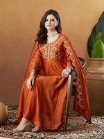 Thumbnail for The52 Orange Women's Beautiful Vichitra Silk Fabric Embroidered Work Flared Anarkali Pant and Dupatta Set - Distacart