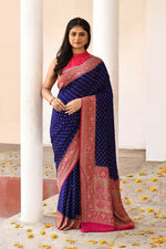 Thumbnail for Joban Fashion Navy Blue Crepe Chiffon Pure Handloom Banarasi Silk Saree