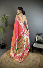 Thumbnail for Joban Fashion Rose Pink Peacock & Floral Motifs Soft Lichi Silk Kanchipuram Saree - Distacart