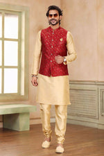 Thumbnail for Raivat Ethnic Jacquard Banarasi Silk Woven Work 3 Pics Jacket Set In Maroon Colour - Distacart