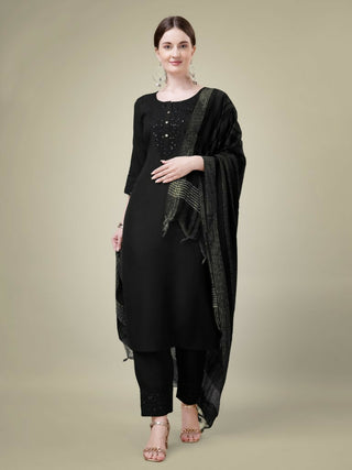 Jyoti Fashion Women's Black Cotton Blend Embroidery & Sequence work Kurta with Trouser & Dupatta - Distacart