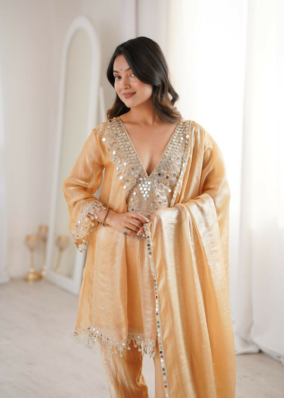 Teeya Creation Womens New Trending Fendy Fabric With Real Mirror With Coding Embroidered Lace Work Kurta Set - Dista