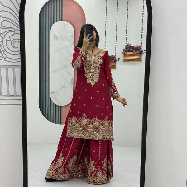 Teeya Creation Womens New Wedding Wear Heavy Embroidery Thread Work Maroon Kurta Set - Dista