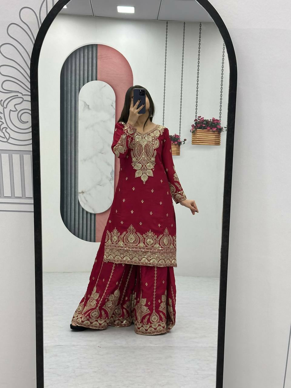 Teeya Creation Womens New Wedding Wear Heavy Embroidery Thread Work Maroon Kurta Set - Dista