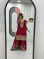 Thumbnail for Teeya Creation Womens New Wedding Wear Heavy Embroidery Thread Work Maroon Kurta Set - Dista