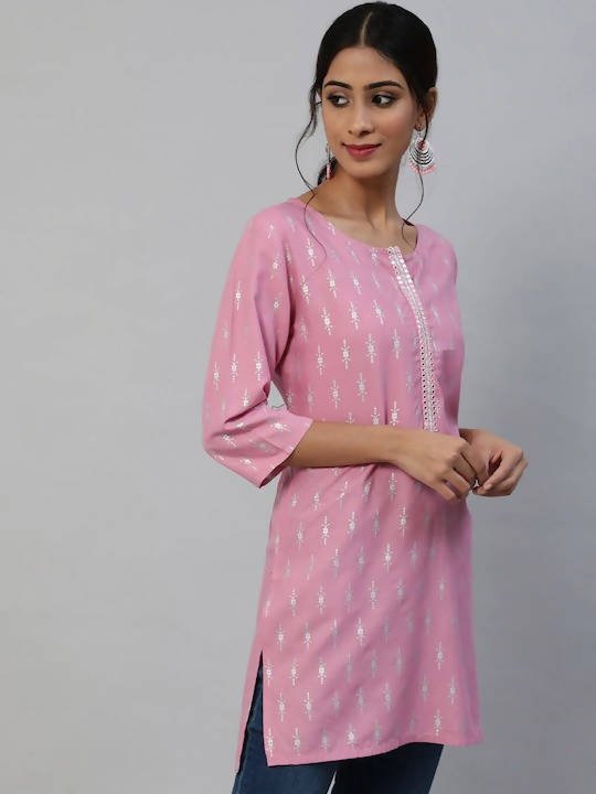 Anubhutee Mauve & White Ethnic Motifs Printed Mirror Work Mirror Work Kurti - Distacart