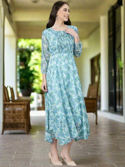 Souchii Blue Floral Chiffon Maxi Dress - Dista