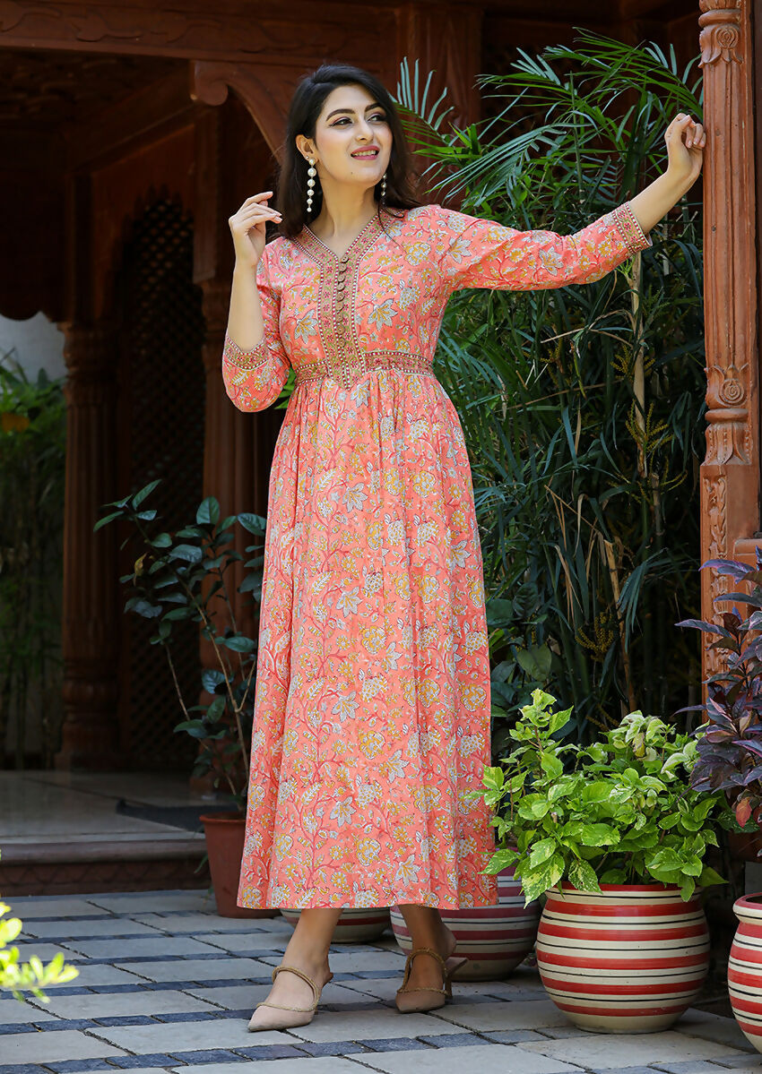 Kaajh Women's Light Orange Floral Handblock Printed Cotton Dress - Distacart