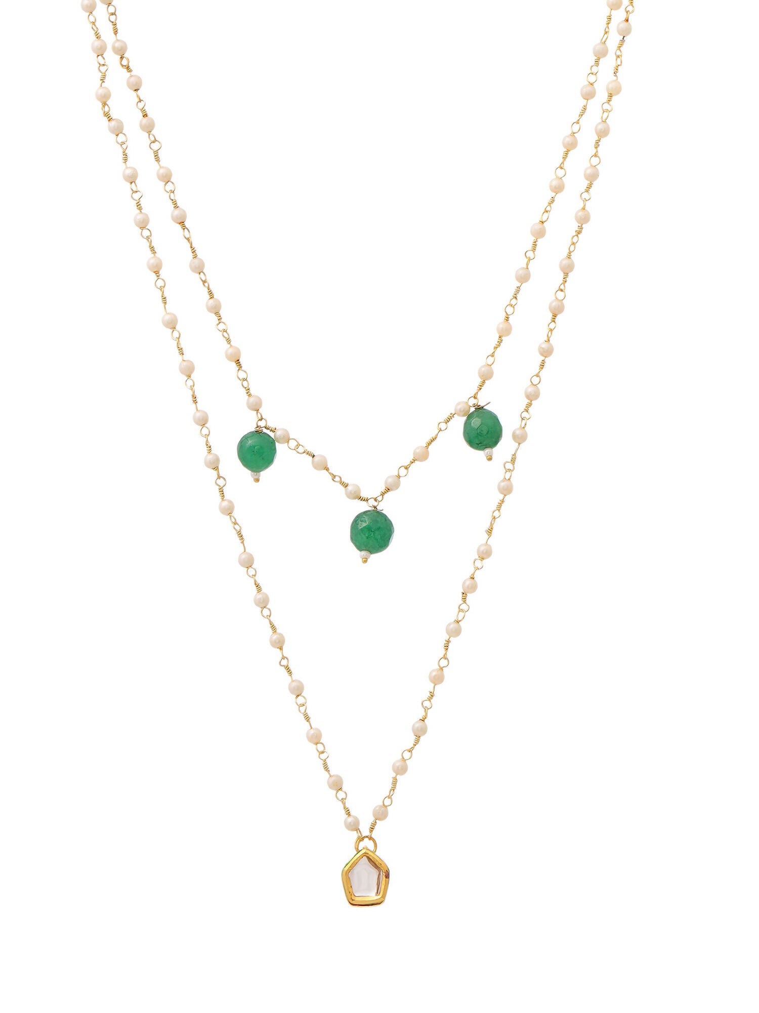 Ruby Raang Gold Kundan and Green Stone Layered Necklace