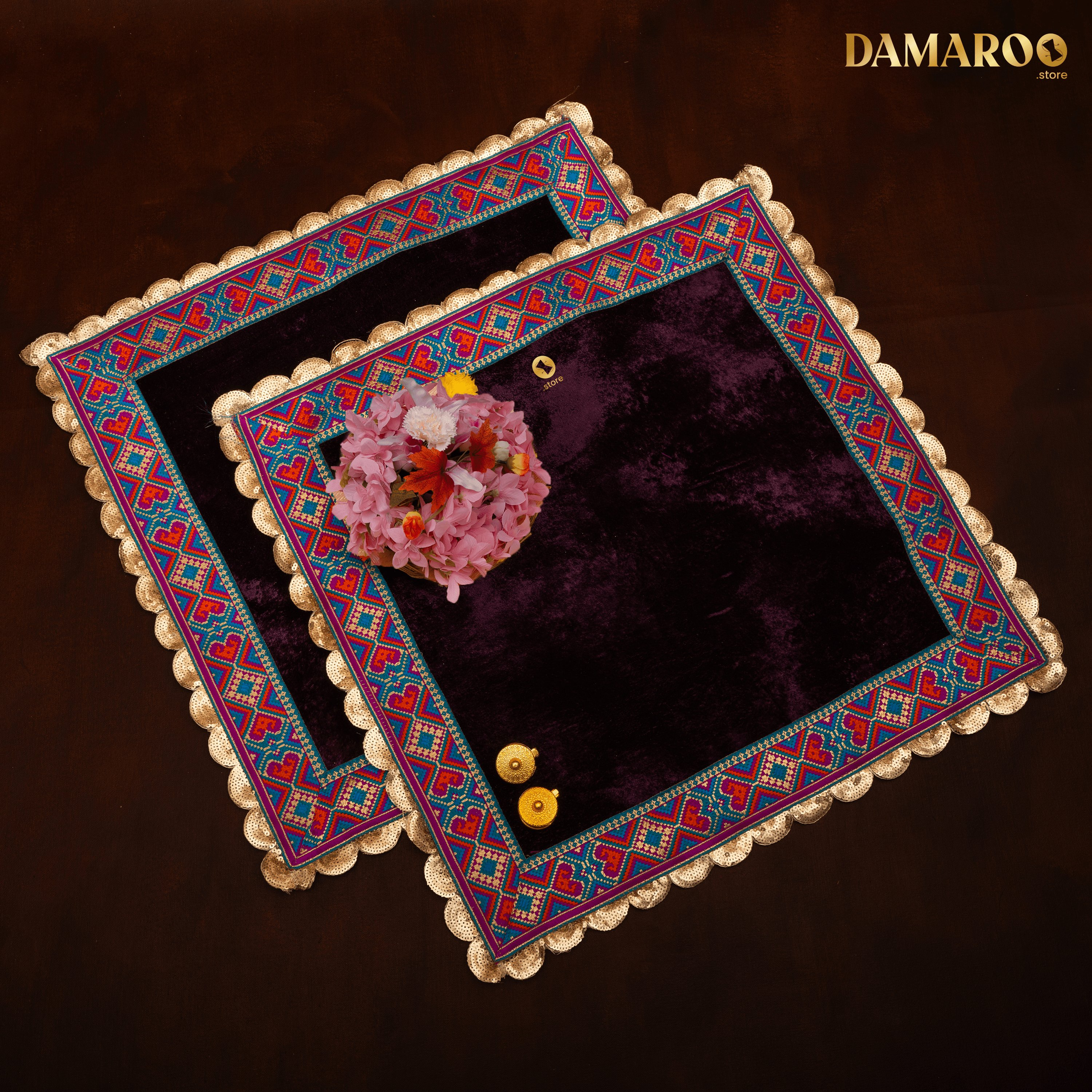 Damaroo Set of 2 | 2x2 ft | Makhmali Magic: Velvety Anti-Skid Pooja Aasan | Jacquard Zari Trim - Aubergine - Distacart
