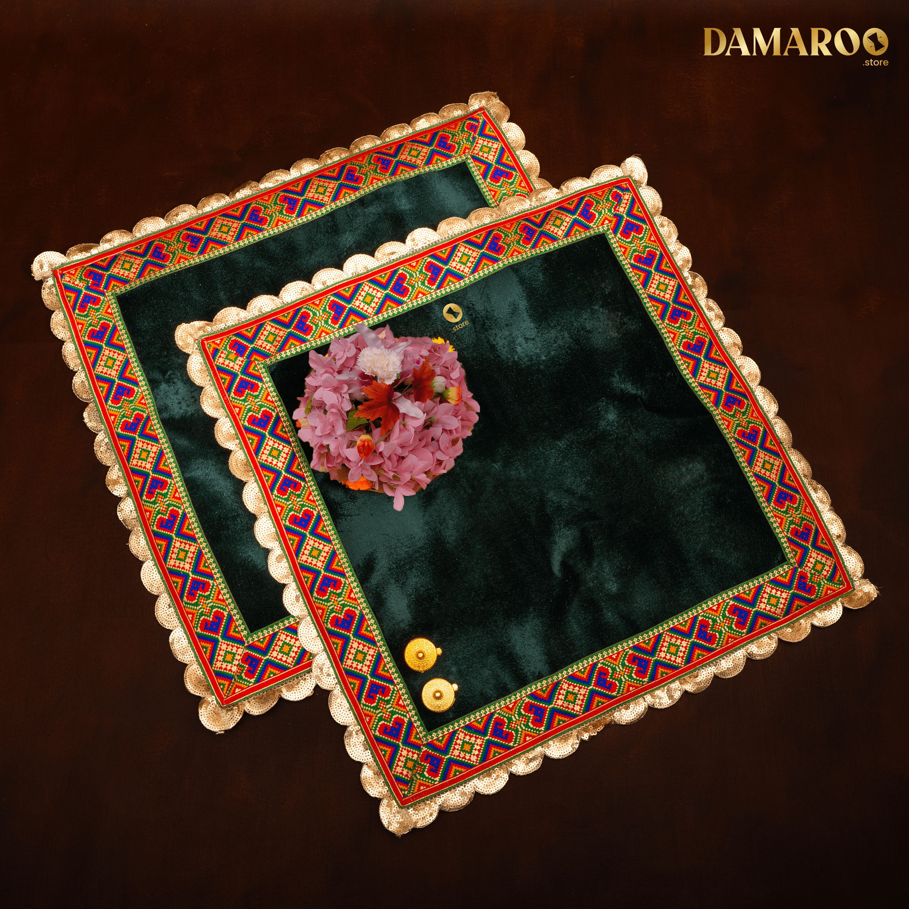 Damaroo Set of 2 | 2x2 ft | Makhmali Magic: Velvety Anti-Skid Pooja Aasan | Jacquard Zari Trim - Bottle Green - Distacart